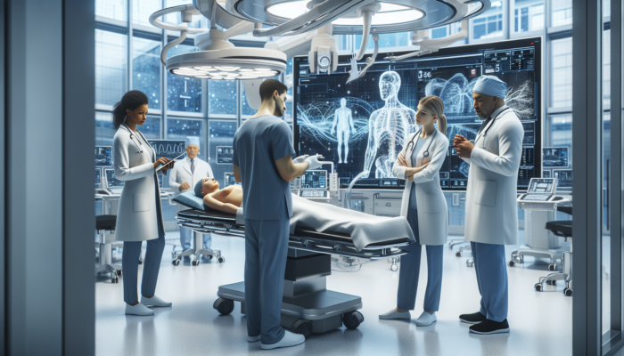 Healthcare professionals collaborating on digital interface for process redesign and automation, improving efficiency and patient care.