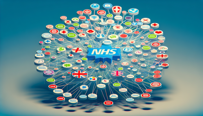 Infographic showing NHS structure in UK, with nodes for England, Scotland, Wales, Northern Ireland, and free healthcare services funded by taxes.