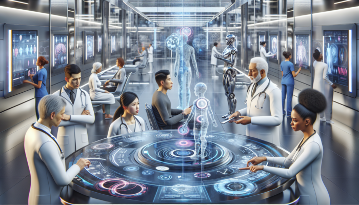 Futuristic healthcare setting with doctors using holographic screens and patients with robotic assistants in a modern hospital.