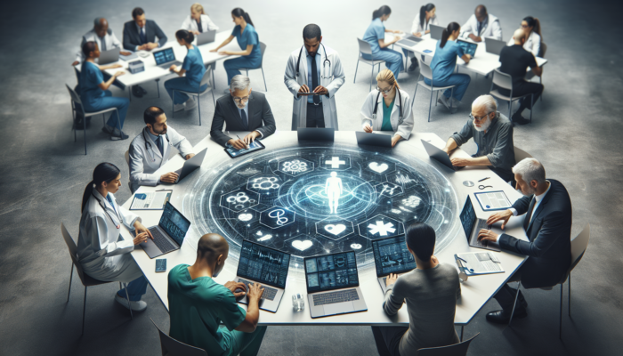 Diverse healthcare professionals using CRM software on devices during a training session to improve patient care and efficiency.