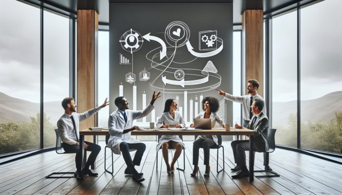 A diverse group of professionals analyzing data for CRM training needs in a conference room.