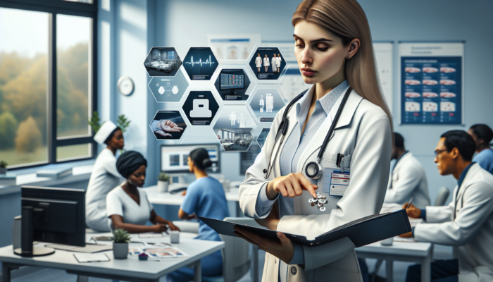 CQC inspector examining a UK healthcare clinic, staff in training and audits for compliance.