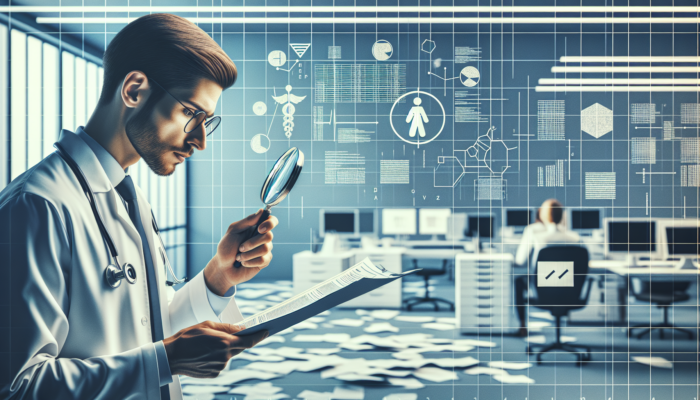 A medical coder using a magnifying glass to review documents, surrounded by charts and compliance guidelines in an office.