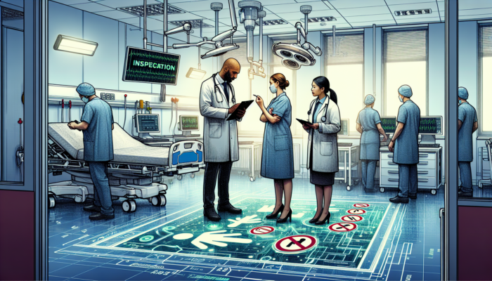 Illustration of CQC inspecting a UK hospital for compliance, with reports and safety standards displayed.