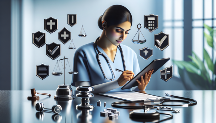 A UK healthcare professional documenting on a tablet, with symbols of transparency and compliance in a modern hospital.