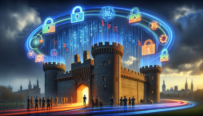 A secure digital fortress in a UK healthcare setting, symbolizing GDPR and DPA compliance, with encryption and biometric security.
