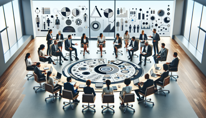A diverse group of professionals reviewing performance data in a modern office.