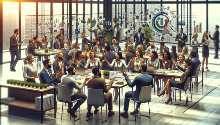Employees in an office setting participating in performance evaluations, surrounded by career development resources.