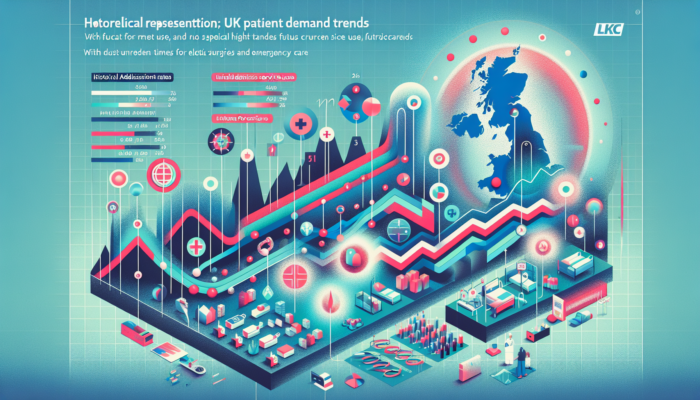 Infographic showing UK patient demand trends with graphs on admission rates, service use, and forecasts, highlighting peak times for surgeries and emergency care.