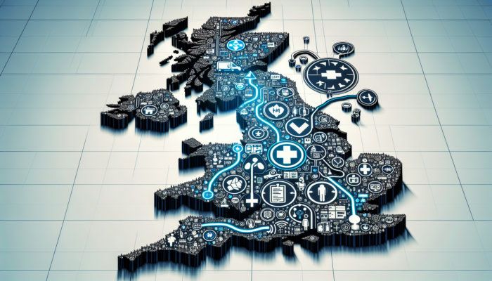 A map of the UK with healthcare regulation symbols and a professional navigating a path for safe, high-quality care.