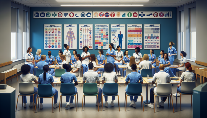 Diverse nurses in a UK hospital engaging in CPD workshops, surrounded by NMC guideline posters.