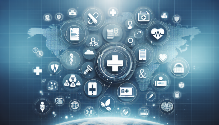 A modern healthcare app interface integrated with NHS App, showing icons for appointments, prescriptions, and health records.