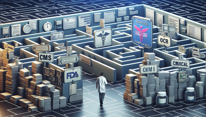 A healthcare professional navigating a maze representing regulatory compliance, with CMS, FDA, and OCR signs, amidst medical and legal documents.