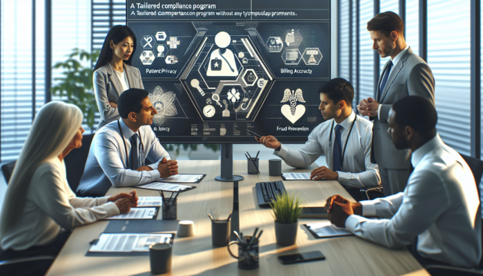 Healthcare consultant and team in office, designing compliance program with charts on privacy, billing, and fraud prevention.