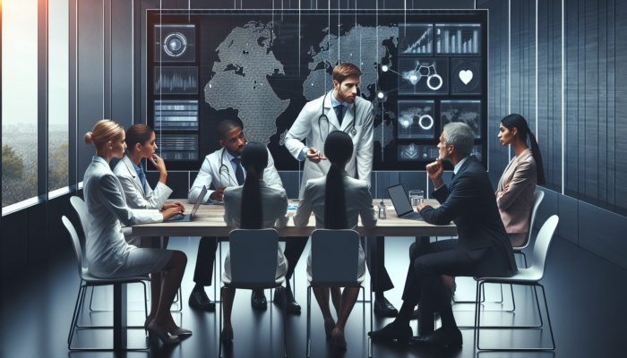 A healthcare consultant and team using digital tools to develop a compliance strategy in a modern office.