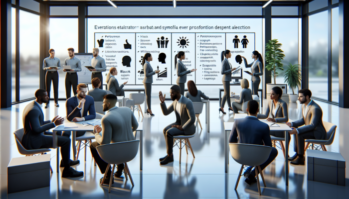 Diverse employees in a modern office engaging in constructive performance evaluations with positive feedback and growth.
