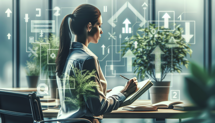 An employee writing in a journal in an office, surrounded by growth symbols like plants and arrows.
