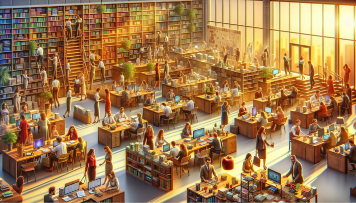 Employees in a vibrant office engaged in continuous learning through workshops, online resources, and feedback.