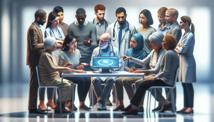 A diverse group of UK patients and healthcare providers discussing a modern healthcare portal in a supportive environment.