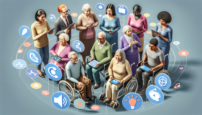 A diverse group of UK citizens using a healthcare portal with large text, voice commands, and multilingual support on various devices.