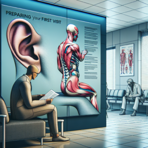 Person in ear doctor's waiting room reading pamphlet on first visit preparation, surrounded by ear anatomy diagrams.