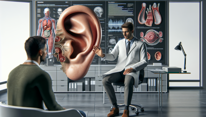 Person in ear doctor's office learning about ear anatomy and examination process from audiologist.