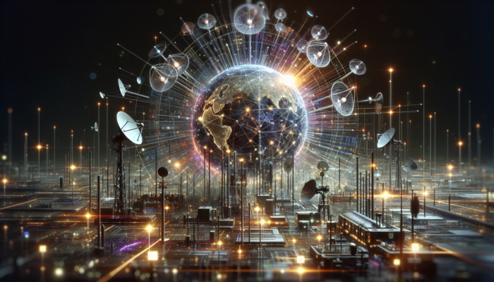A futuristic network hub showcasing fiber optics, satellite dishes, and wireless signals connecting devices globally.