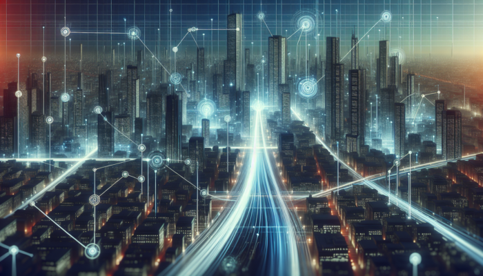 A futuristic cityscape with interconnected nodes of light representing data services and high-speed connectivity.