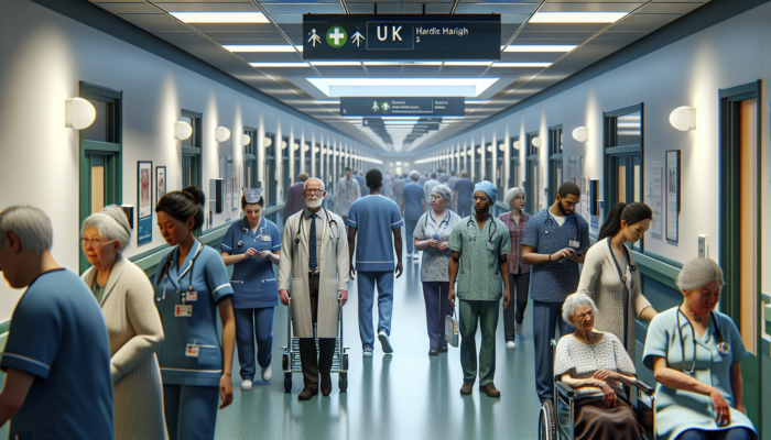 UK hospital corridor with diverse healthcare professionals urgently attending to ageing population, highlighting role demand.