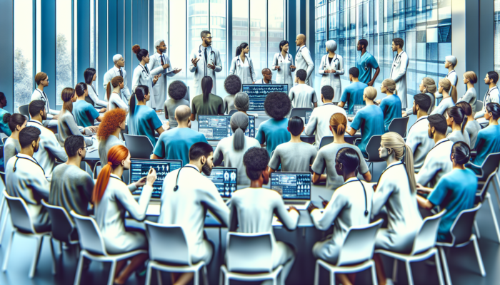 Diverse healthcare professionals in a UK hospital engaging with government policies and training programs for recruitment in underserved areas.