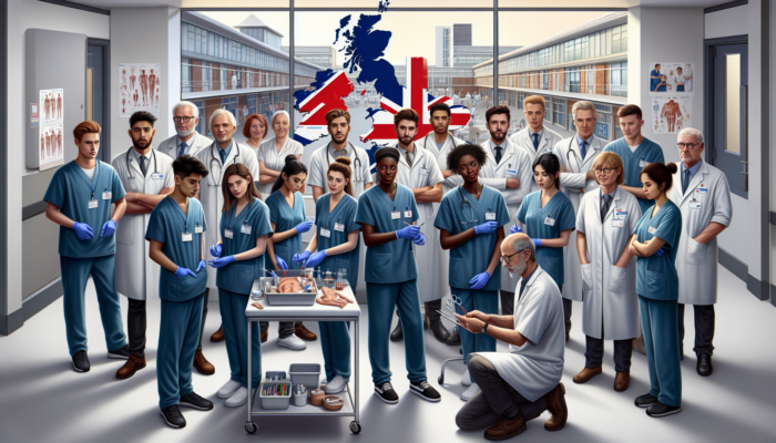 Diverse healthcare apprentices in a UK hospital receiving hands-on training with professionals and college educators.
