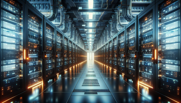 High-tech data center interior with rows of glowing servers and advanced cooling systems in a dimly lit, expansive room.