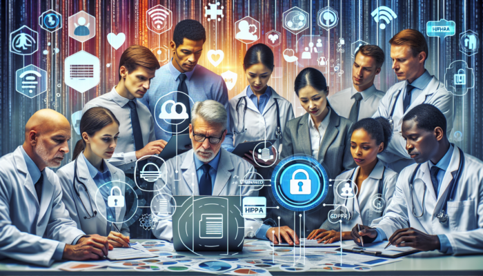 A diverse team of healthcare professionals reviewing compliance documents with HIPAA and GDPR symbols, secure servers, and audit charts in a modern office.
