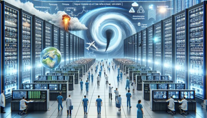 Healthcare data center with automated backups, offsite data transfer, and staff testing amidst disaster and cyberattack simulations.