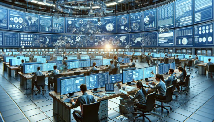 A busy technical service center with experts using multiple screens to troubleshoot software, aiding users and optimizing performance.