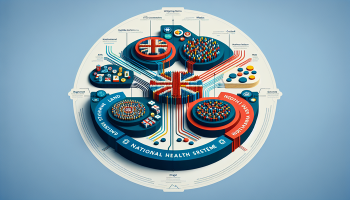 Infographic showing NHS structure with England, Scotland, Wales, Northern Ireland, funded by taxes for universal healthcare.