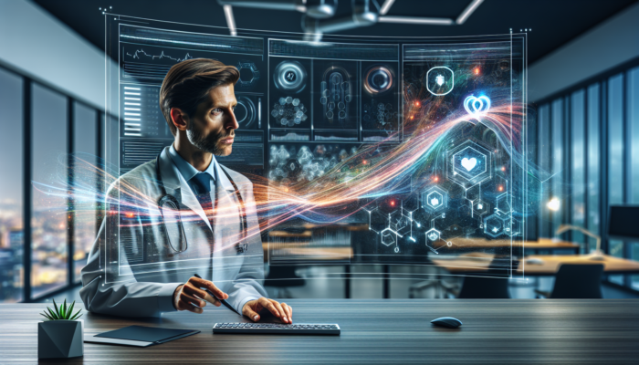 A healthcare data analyst using advanced analytics tools on a large screen to solve data management challenges.