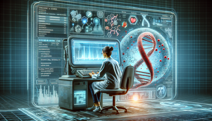 Researcher analyzing medical data on futuristic computer, uncovering genetic markers and clinical trial results.