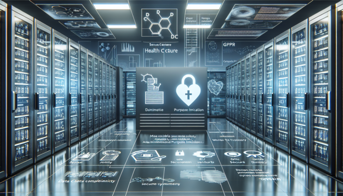 A digital illustration of a healthcare data center with secure servers and GDPR compliance symbols, emphasizing data minimization and purpose limitation.