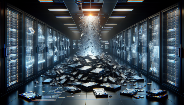 Secure server room with healthcare data deletion, physical hard drive destruction, and GDPR compliance documents.