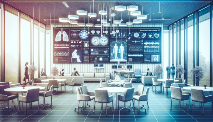 Modern UK hospital lobby with NHS and private clinic logos, advanced medical equipment, symbolizing efficient lease financing and enhanced patient care.