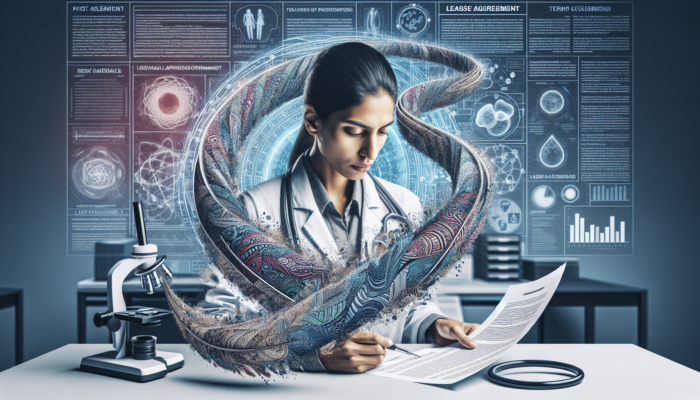 A healthcare professional reviewing a lease agreement amidst medical equipment in a modern office.