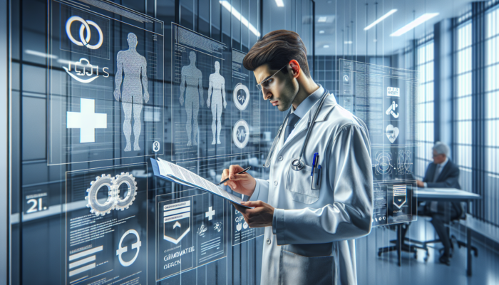 Healthcare provider reviewing compliance documents and equipment standards with GDPR and CQC logos in office.