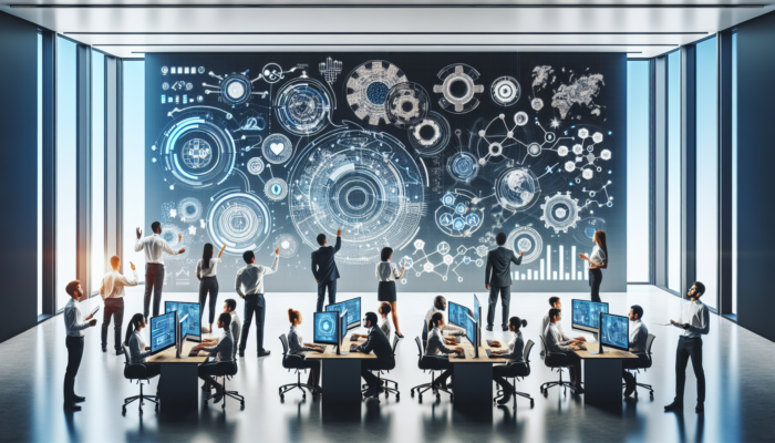 Technical experts using diagnostic tools and flowcharts to troubleshoot software in a modern office.