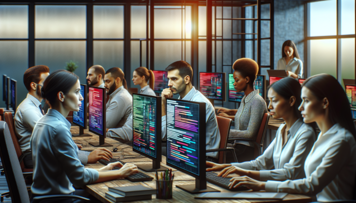 Technical support team using multiple screens to test and troubleshoot software in a modern office.