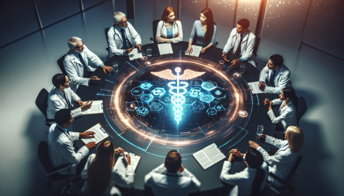 Healthcare innovators collaborating around a futuristic NHS logo, symbolizing NIA's support and funding.