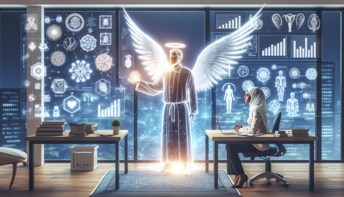 A wise, glowing angel investor mentoring a young healthcare entrepreneur in a modern office with medical innovations and financial charts.