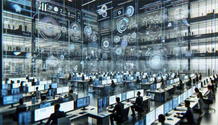 A futuristic office with integrated systems enhancing productivity through real-time data and automated transfers.
