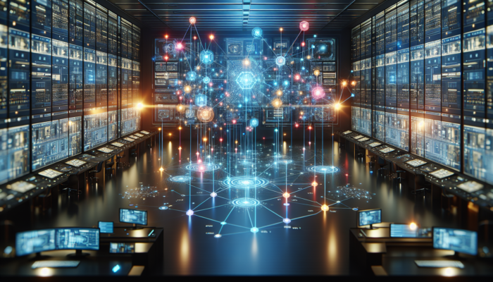 A futuristic control room with glowing nodes representing interconnected systems and software integration.