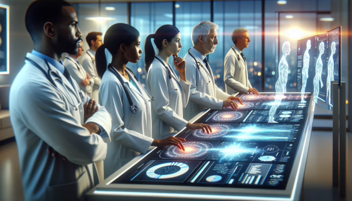 Doctors analyzing patient data on digital screens in a UK NHS facility to enhance decision-making and treatment outcomes.